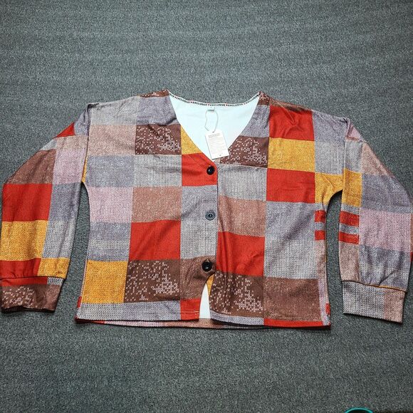 Exclusive Cardigan Sweater Womens Large Patchwork Button Front Retro Cozy Knit - Picture 1 of 8